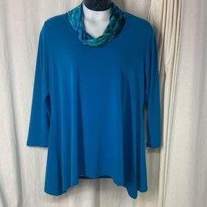 Susan Graver 1x Liquid Knit Printed Cowl Neck Tunic Top Blue Green